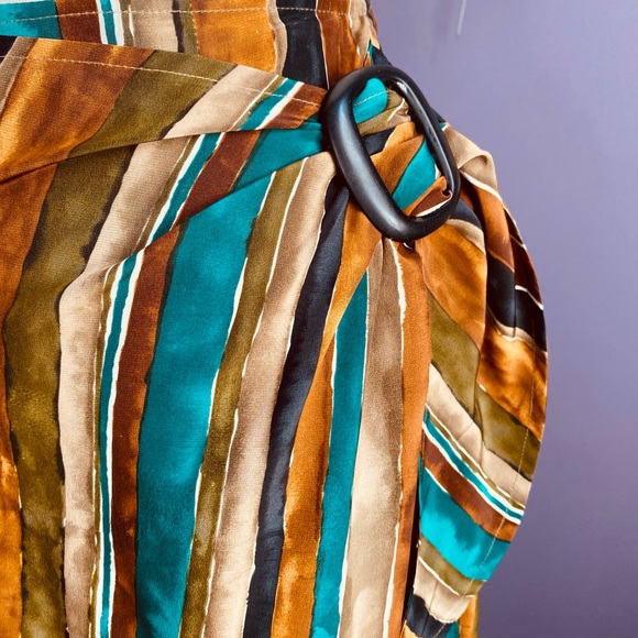 Vintage 90s Express Brown Green Umber Tan Western Stripe Wrap Skirt Pure Silk 9 - Picture 4 of 7